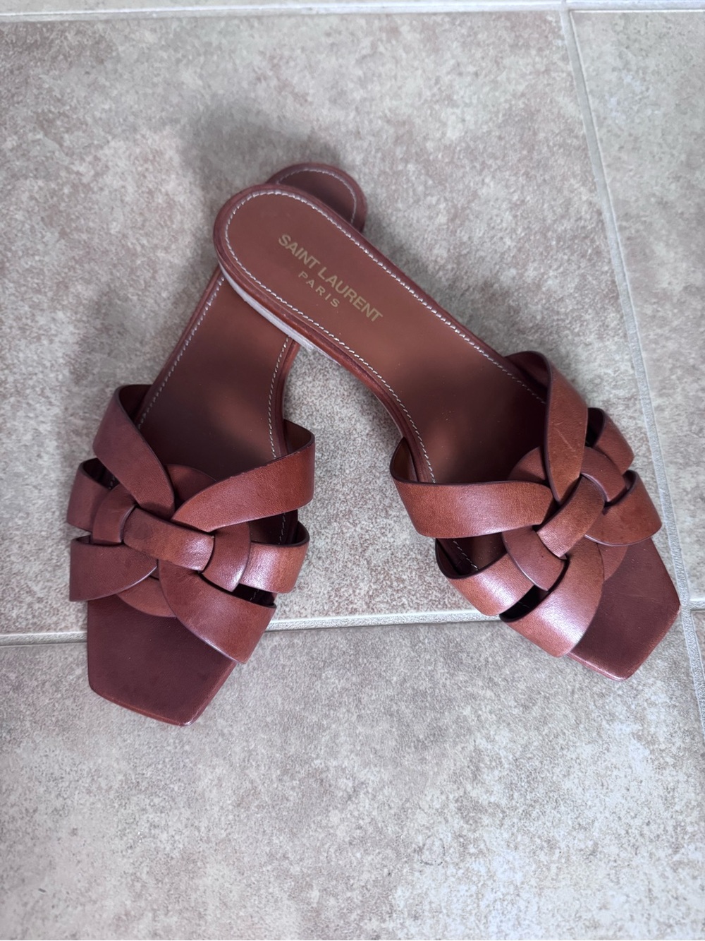 Saint Laurent Chestnut Braided Leather Slide Mules